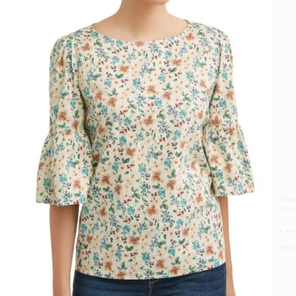 Time and Tru White Floral Bell Sleeve Woven Top - Size Small - Picture 7 of 7